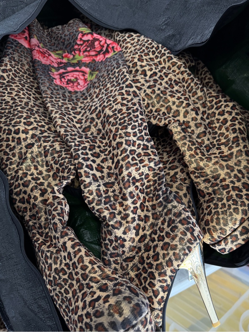 Cheetah Over-the-Knee Boots with Pink Floral Trim and Gold Heels - Picture 2 of 4